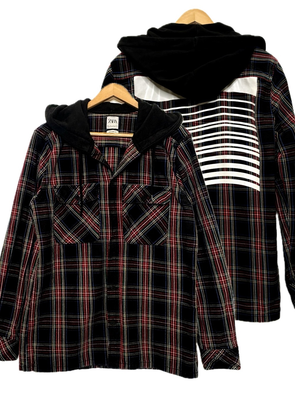 Zara Men Plaid Button Down Shirt Jacket Size Large Cotton Graphic Hooded Shacket